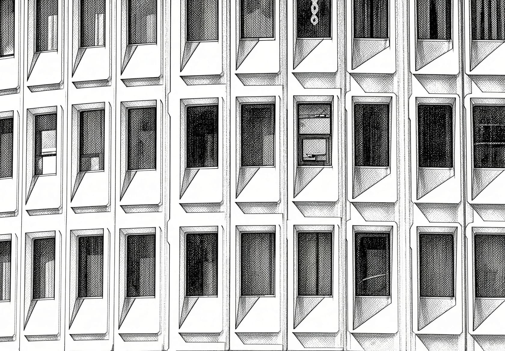Black-and-white ink drawing of a building façade