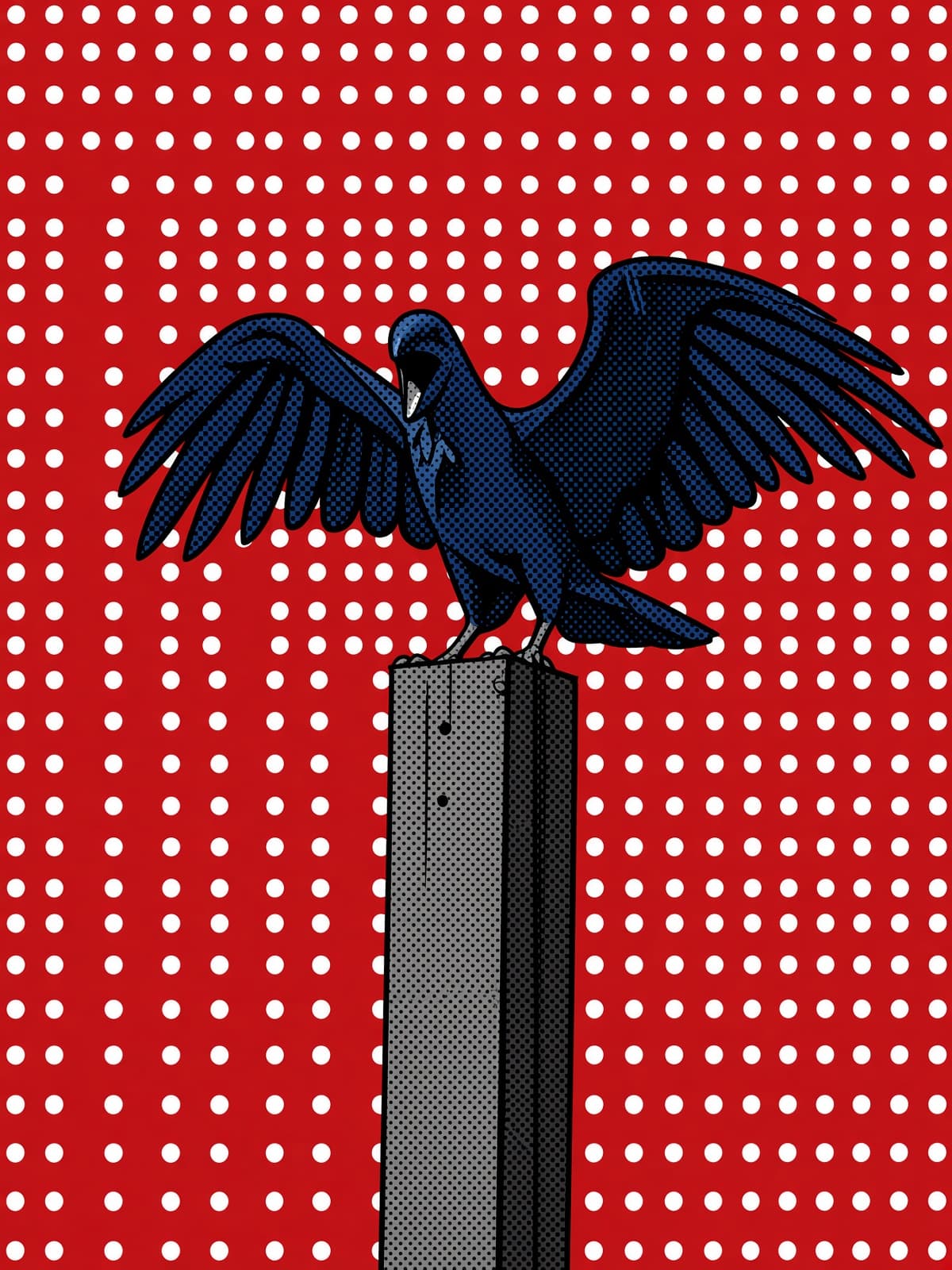 Blue crow on a concrete post against a red polka-dot ground