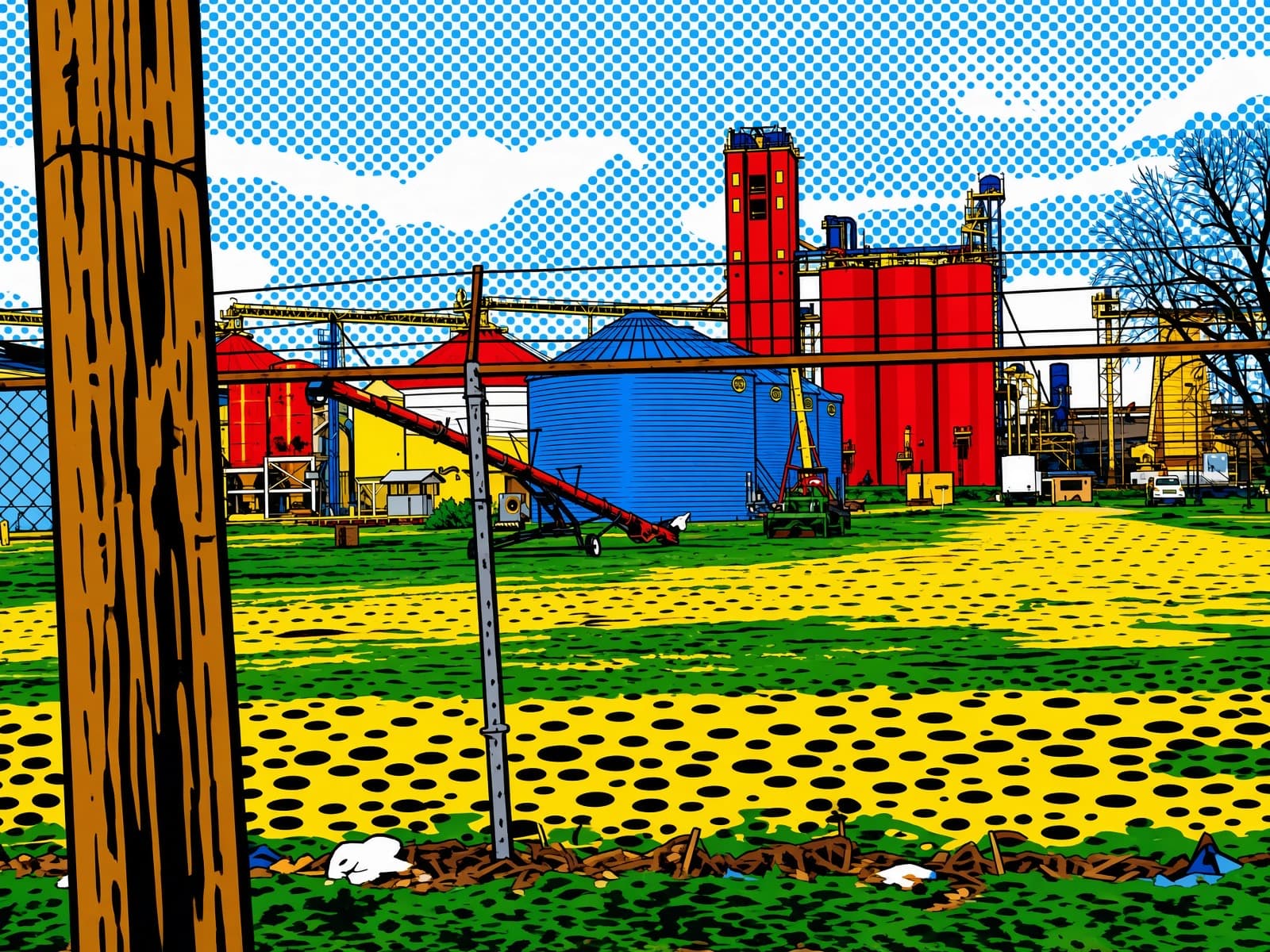 Pop-art halftone grain elevator in red, yellow, and blue