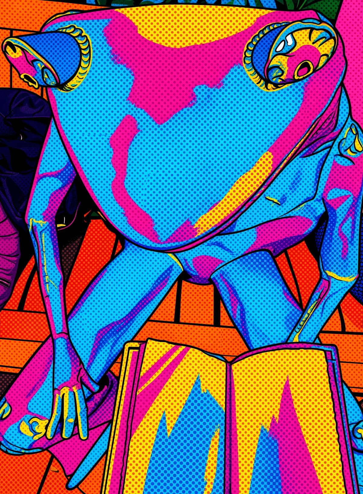 Pink and blue halftone pop-art frog reading