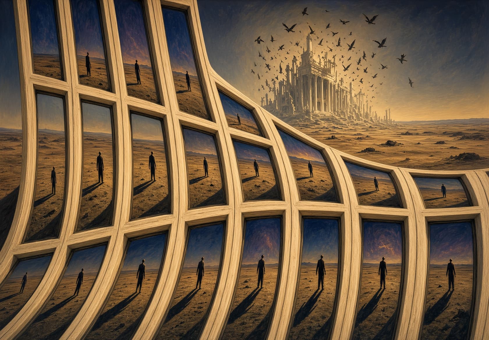 Curving wall of windows, each framing a lone figure in a desert, with a ruined temple and birds