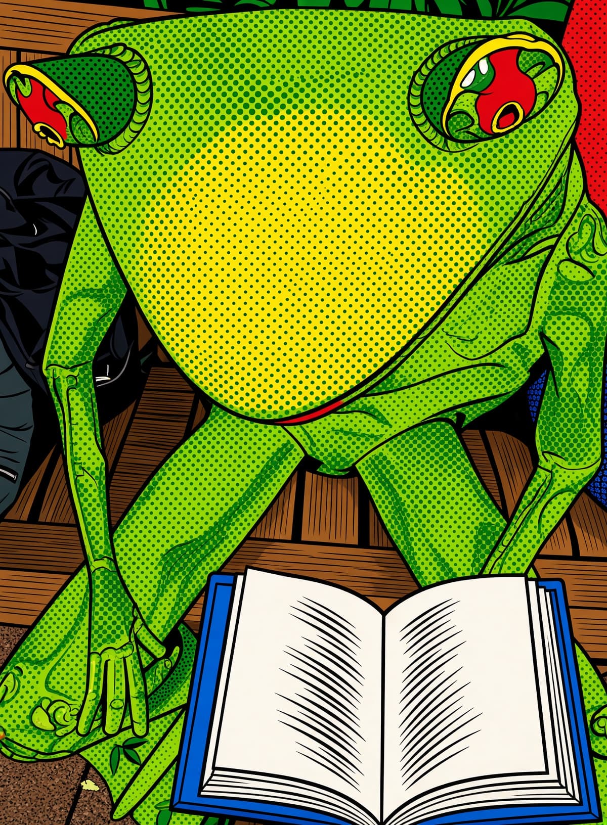 Green comic-book halftone frog reading