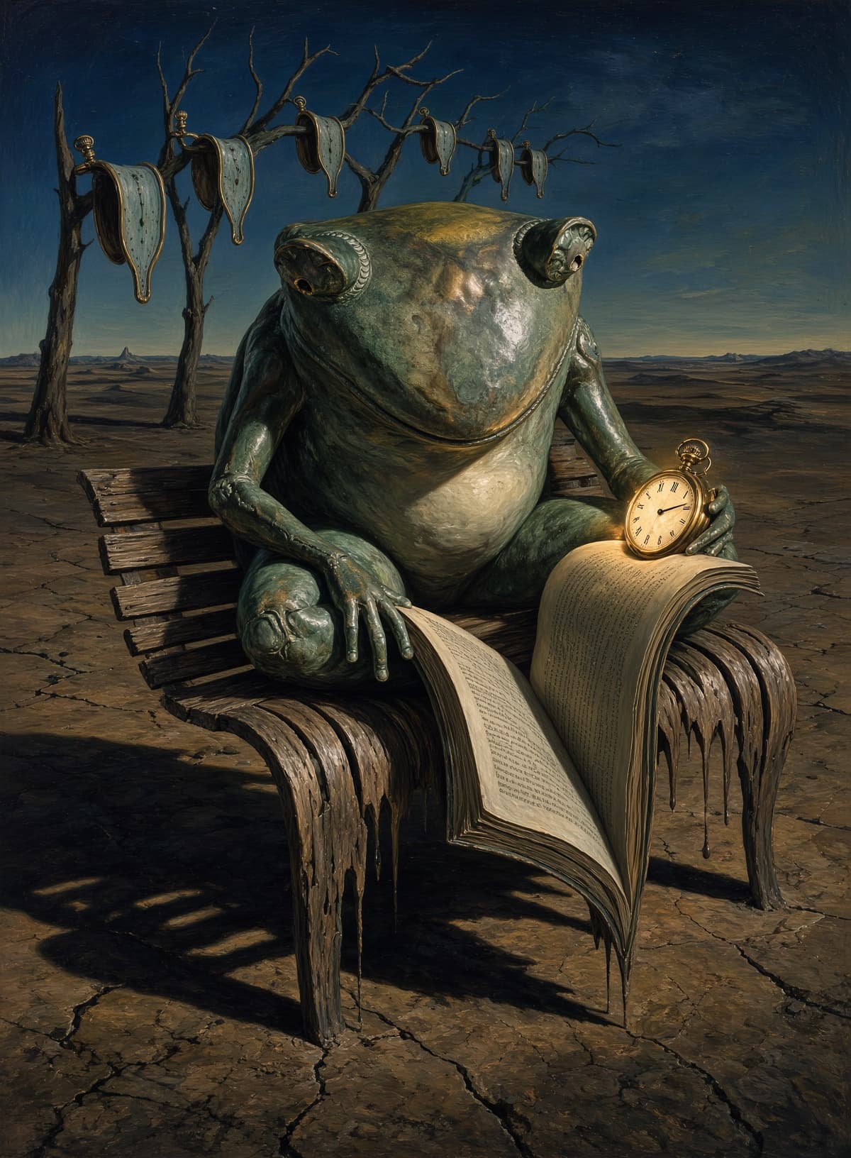 Dalí-style desert with melting clocks and a frog holding a pocket watch