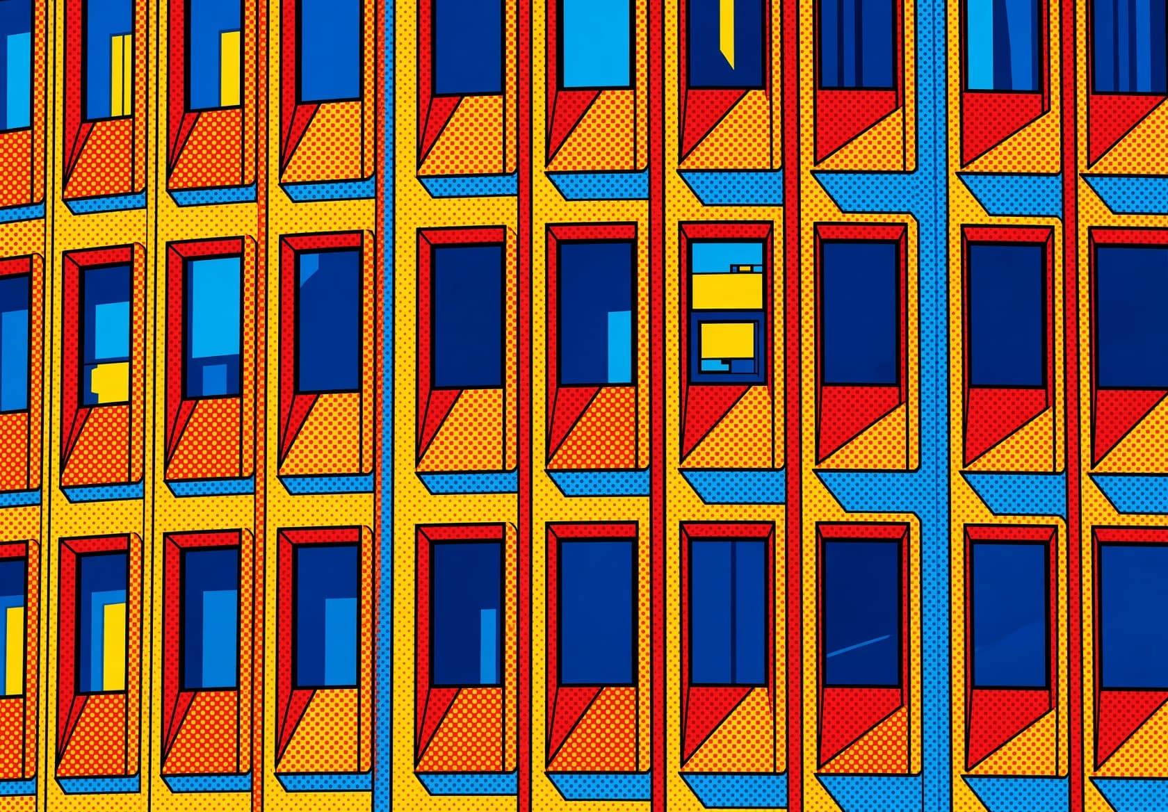 Building façade in red, yellow, and blue pop art