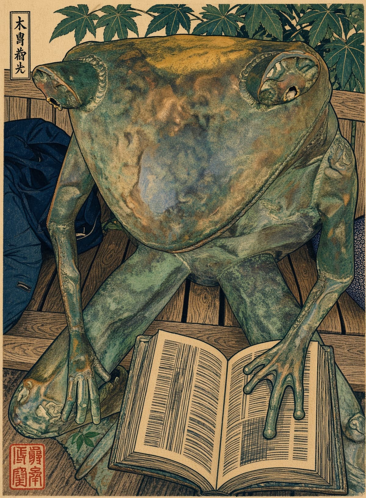 Ukiyo-e woodblock-style bronze frog reading under maple leaves