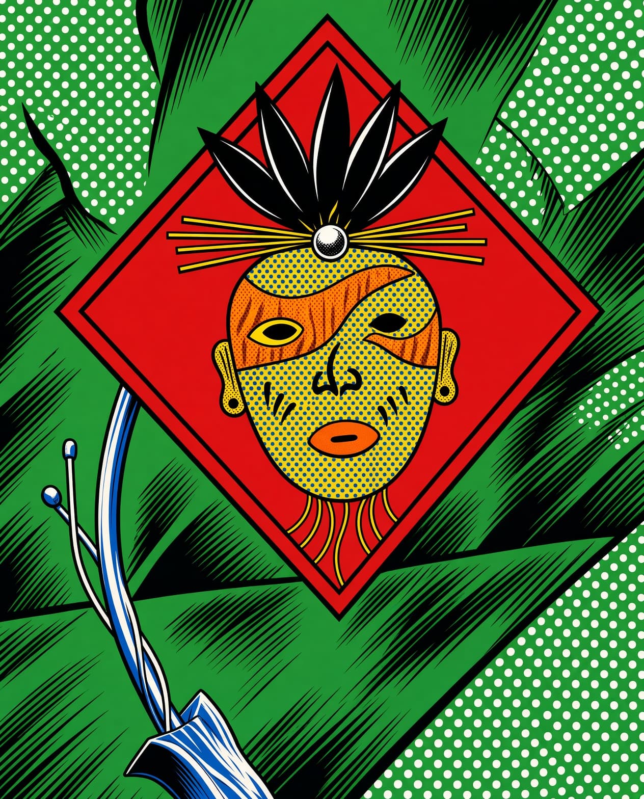 Masked face set in a red diamond on a green halftone
