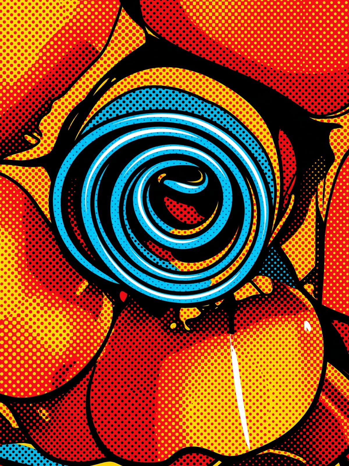 Blue spiral on a red and orange halftone