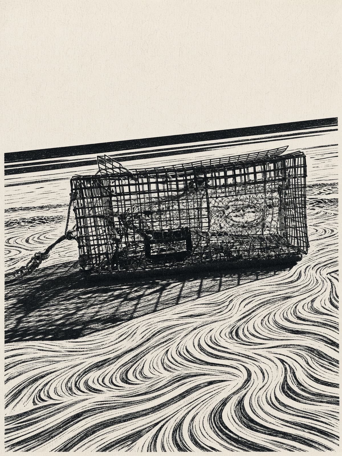 Black-and-white woodblock of a wire lobster pot on posts in the water